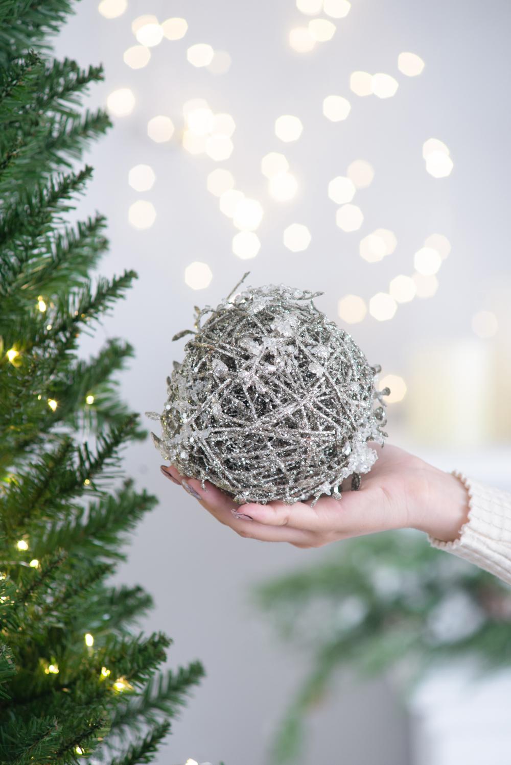 Iced Leaf and Twig Ball Christmas Tree Ornaments - Set of 4