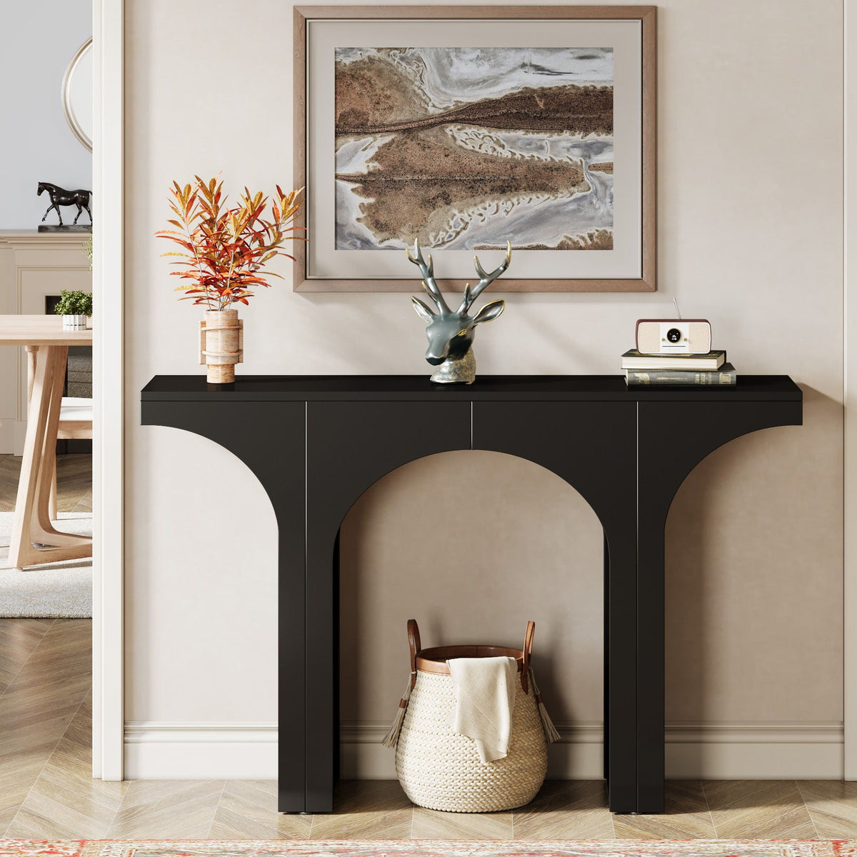 Black Console Table with Arched Base - Solid Wood & MDF