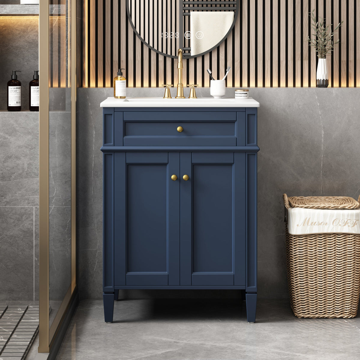 24" Bathroom Vanity with Ceramic Basin and Storage - Blue