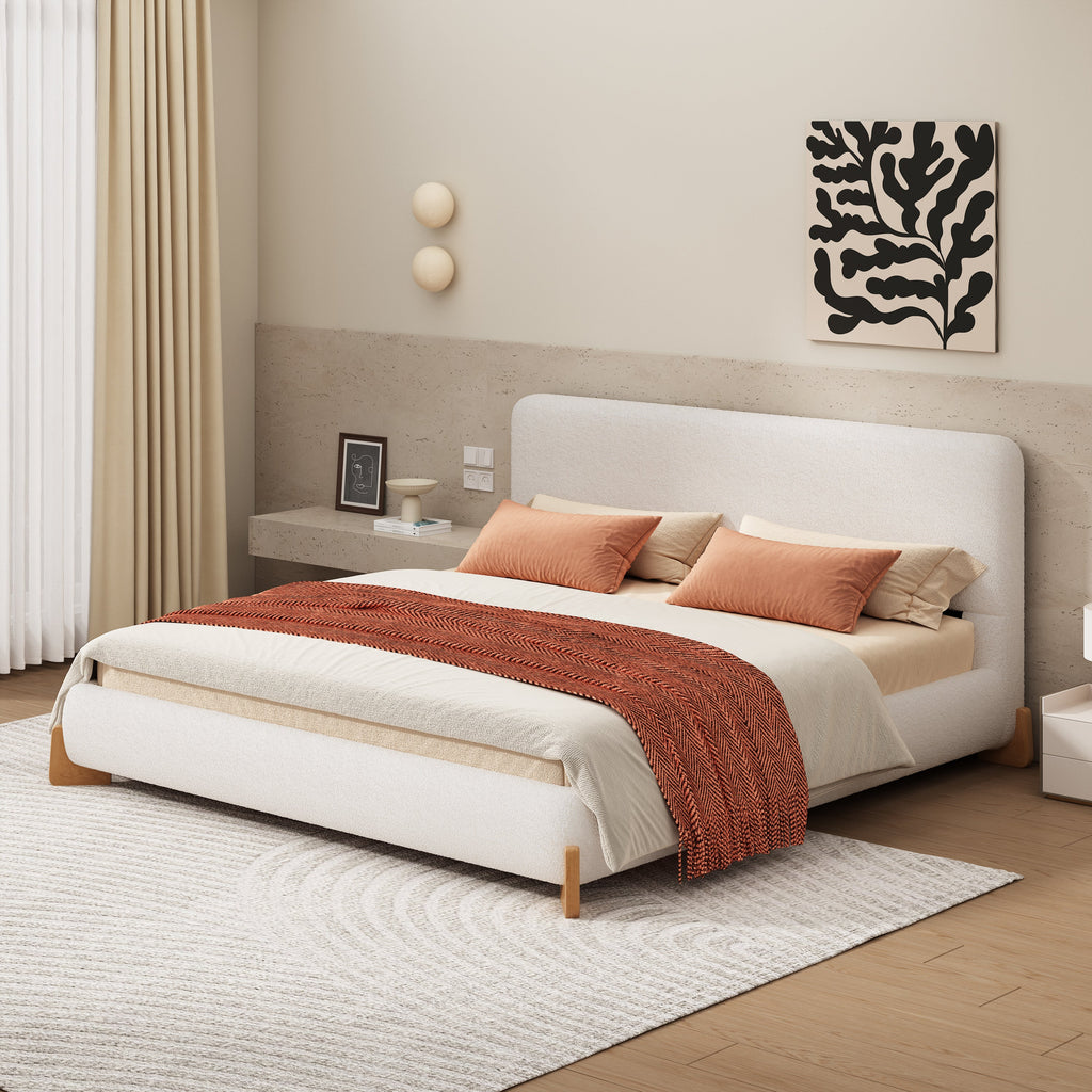 Elegant Boucle Upholstered Bed with Solid Wood Support - White