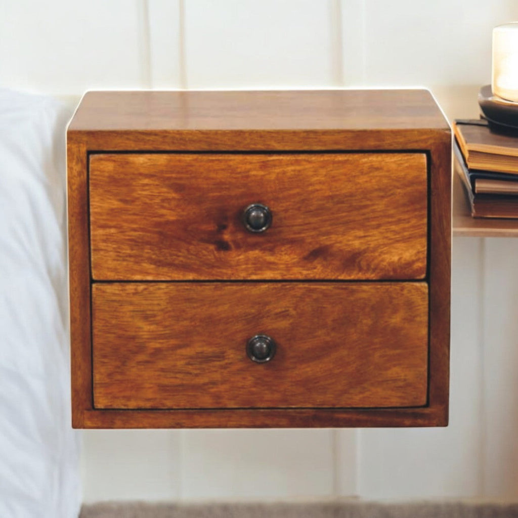 Solid Wood Wall-Mounted Nightstand with Storage Drawers - Chestnut