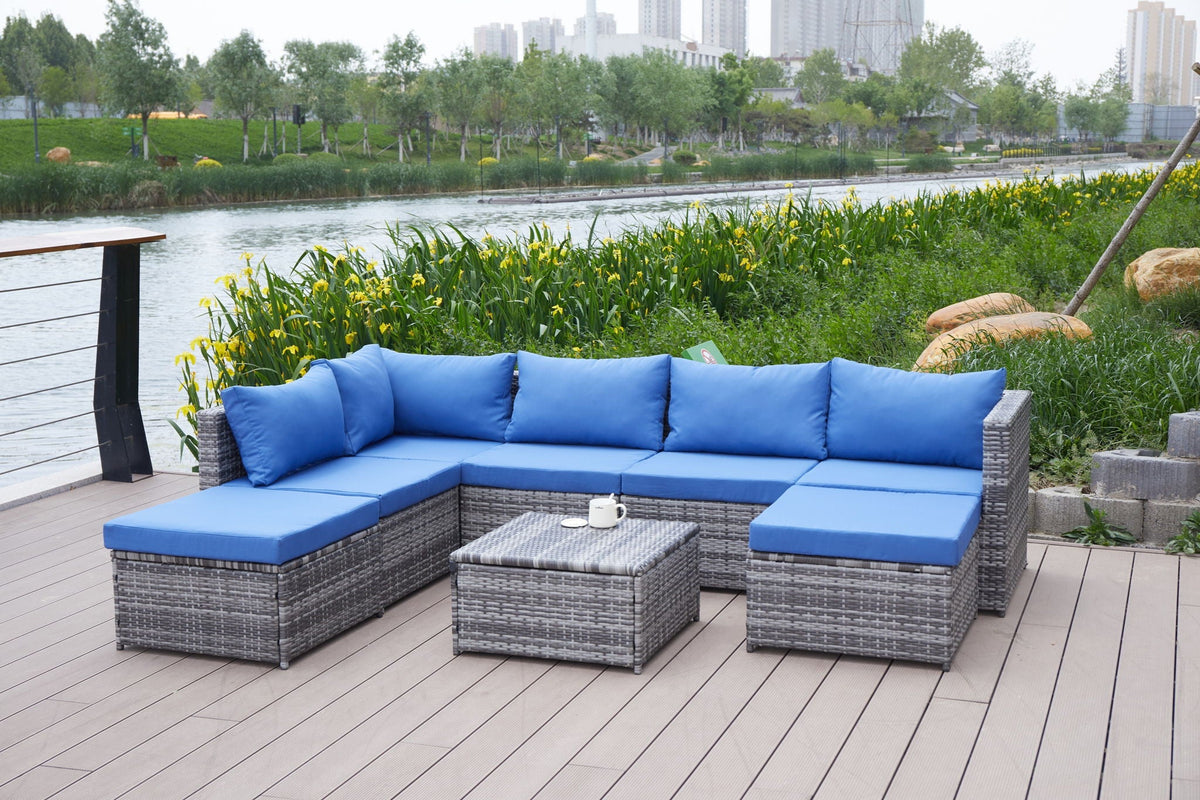 Dark Gray Patio Sofa With Cushions and Table - All-Weather Wicker
