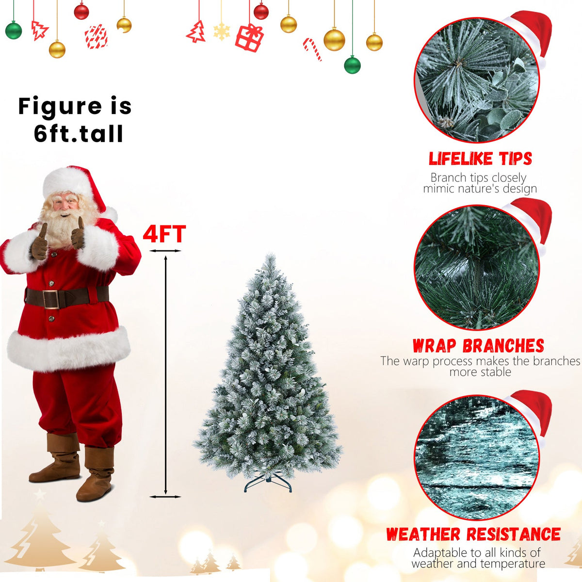 4FT Flocked Christmas Tree with Pine Needles & Eucalyptus Leaves - Frosted PVC