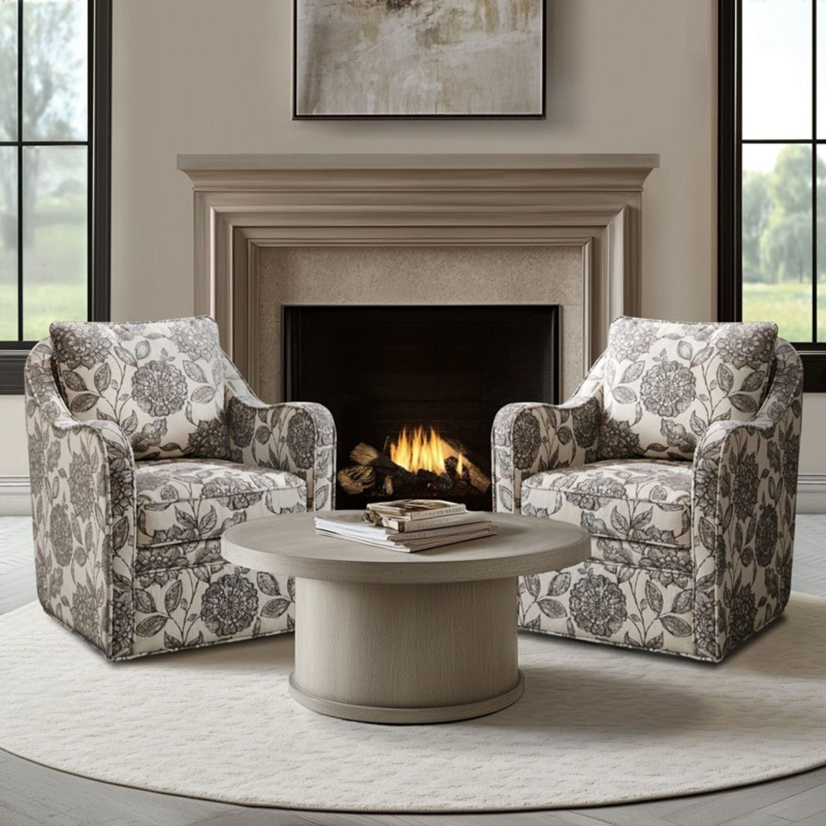 Wide Seat Swivel Arm Chair with 360 Degree Rotation - Gray or Beige