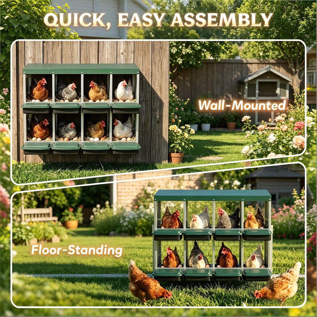 Metal Chicken Egg Laying Boxes with 8 Compartments and Waterproof Roof - Metallic