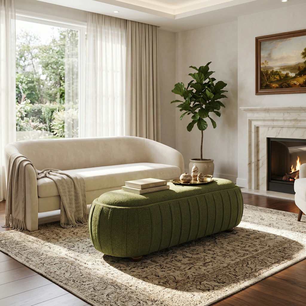 Upholstered Oval Ottoman with Boucle Fabric - Olive Green