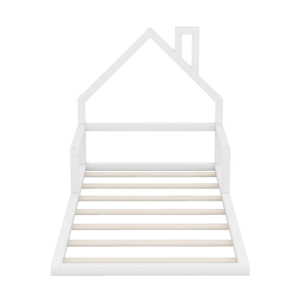 Floor Bed With House Shaped Headboard - Twin Size, Solid Pine - White or Light Brown