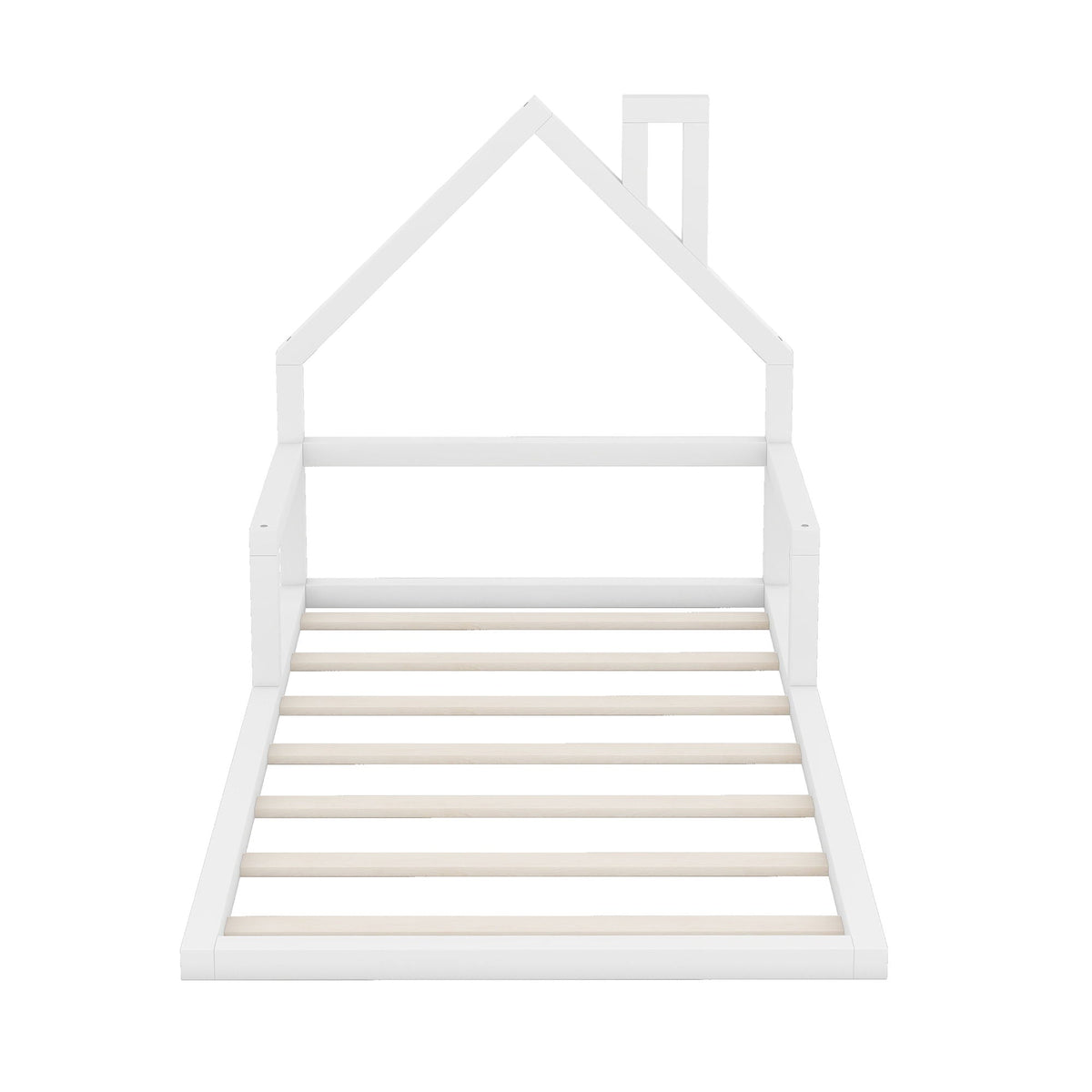 Floor Bed With House Shaped Headboard - Twin Size, Solid Pine - White or Light Brown