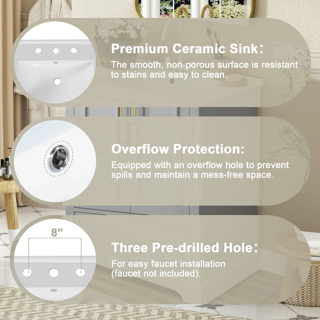 Bathroom Vanity with Sink and Soft Close Doors - White, Black, Green, or Gray