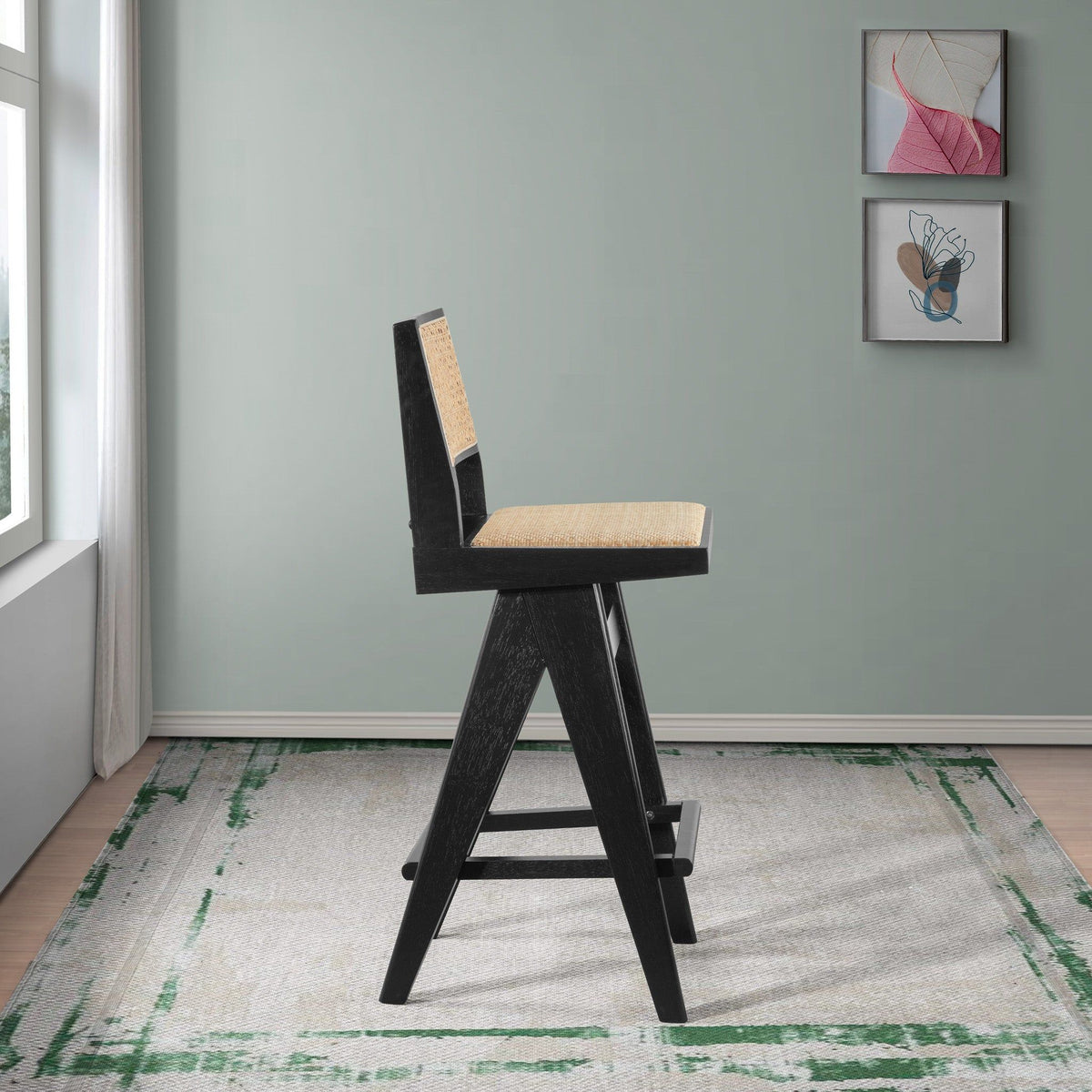 Black & Rattan Bar Stool Set with Full Back Support - Set of 2