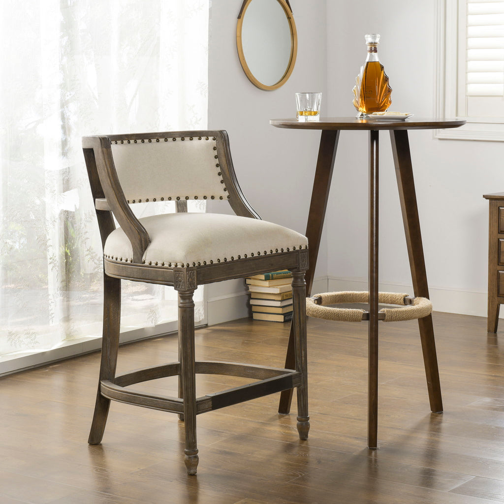 Farmhouse Counter Height Bar Stool with Backrest - Beige