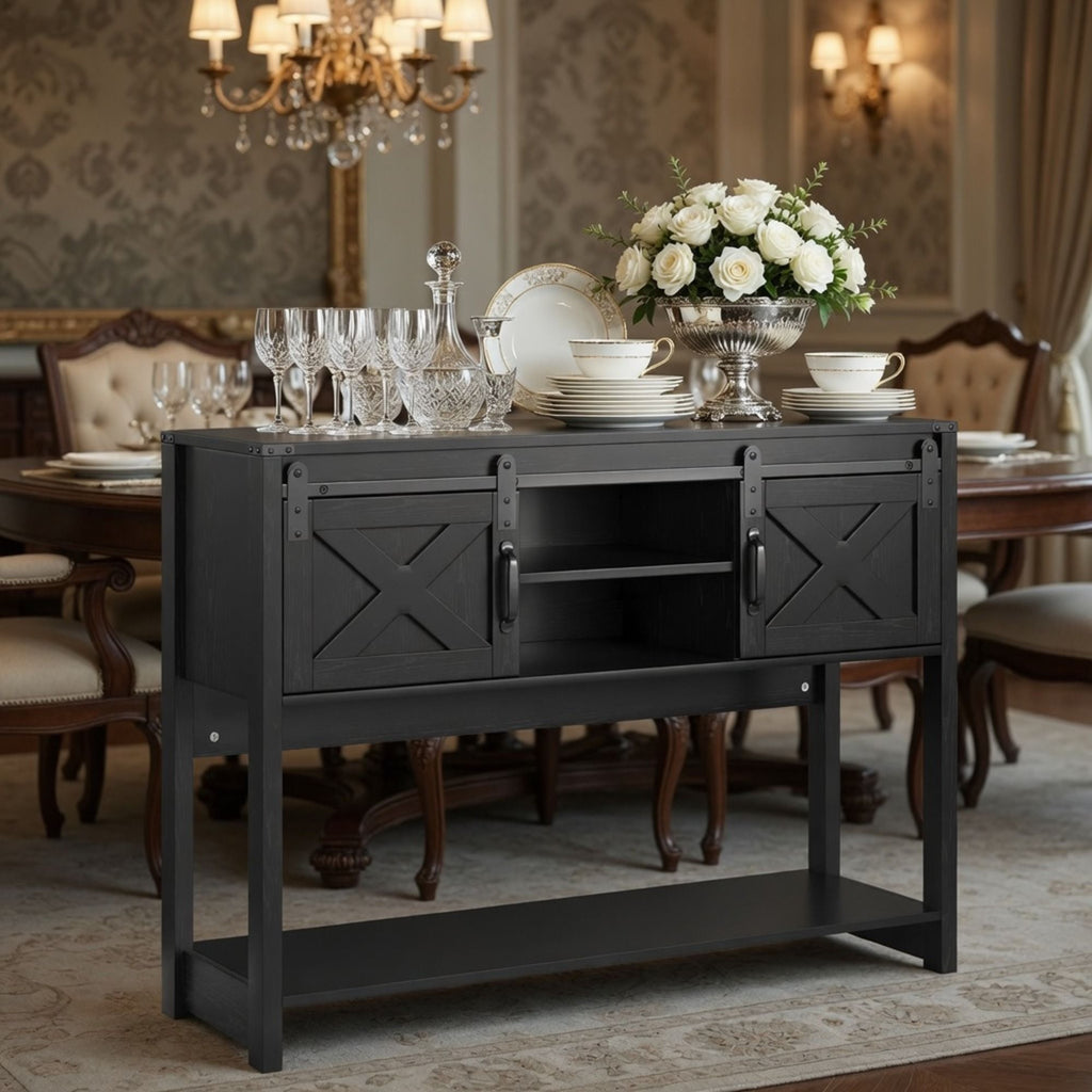 Farmhouse Entryway Table with Sliding Barn Door - Gray, Dark Gray, White, Black