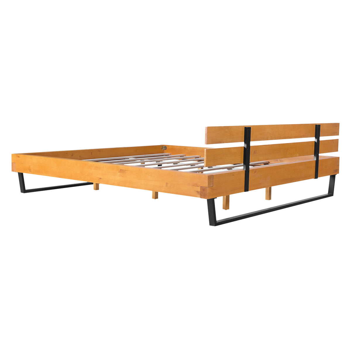 Pine Wood King Bed Frame with Iron Accents - Natural/Black