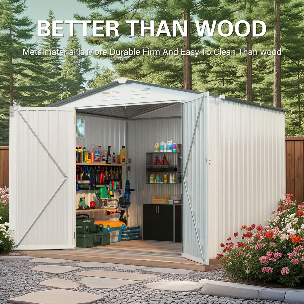 Outdoor Garden Storage Shed with Lockable Doors and Window - White / Gray