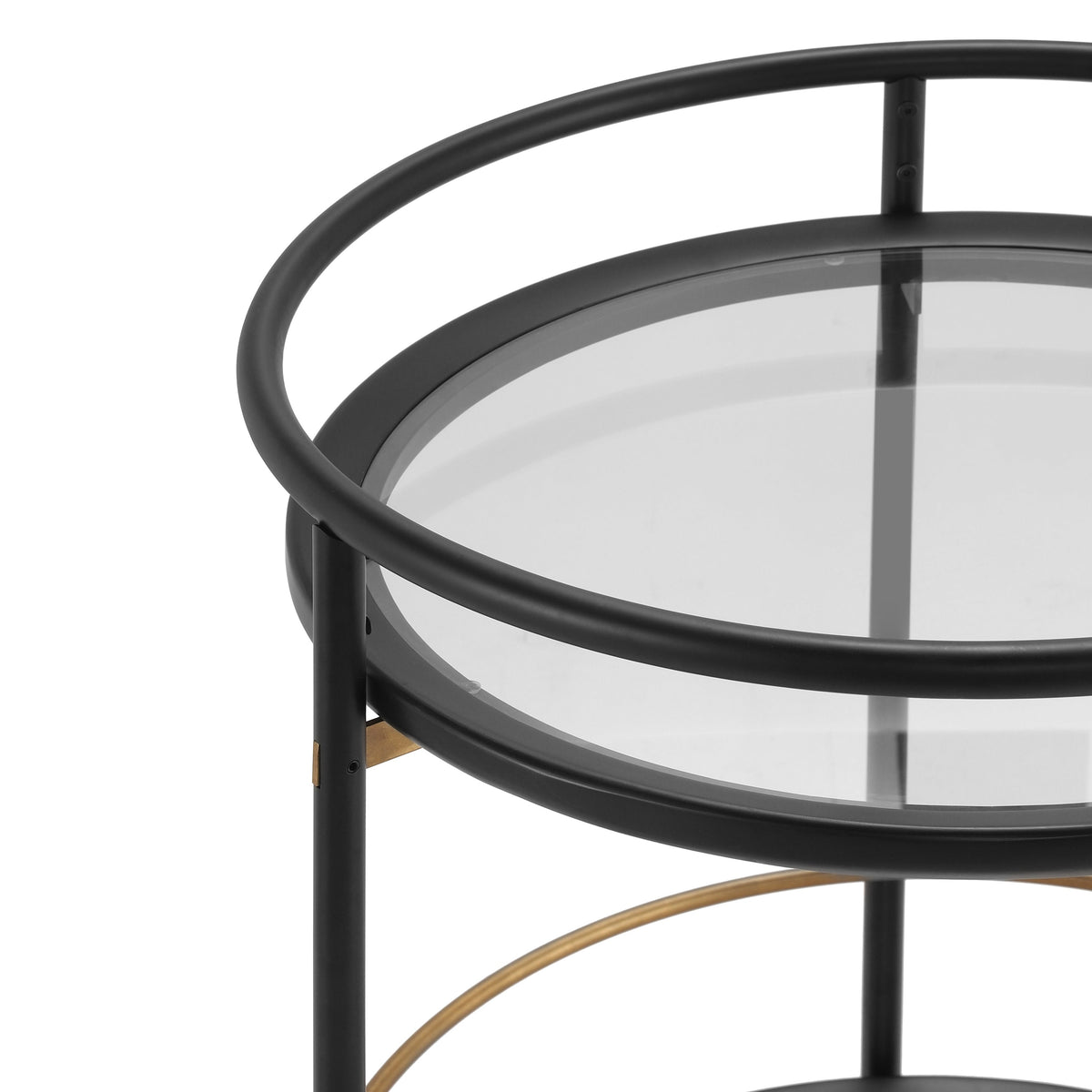 Modern Round Bar Cart with Tempered Glass Shelves - Black and Gold