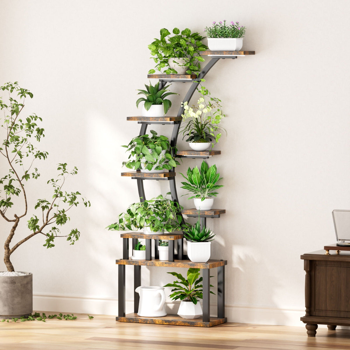 9 Tiered Indoor Plant Stand with 5 Adjustable Grow Lights - Light Brown