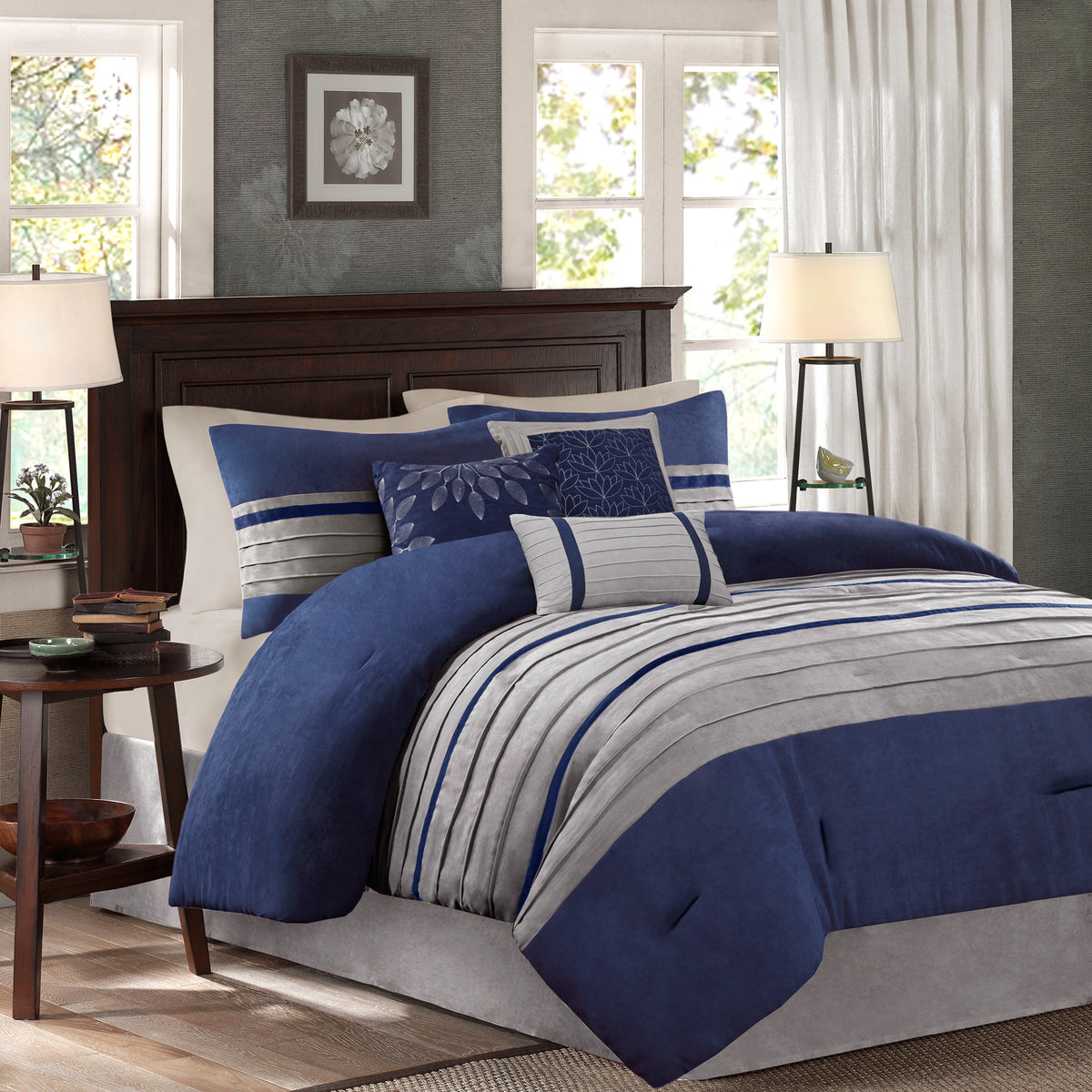 Faux Suede 7 Piece Comforter Set with Decorative Pillows - Blue or Black