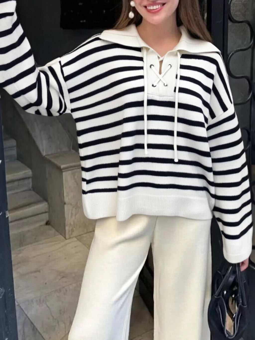 Striped Lace-Up Long Sleeve Sweater
