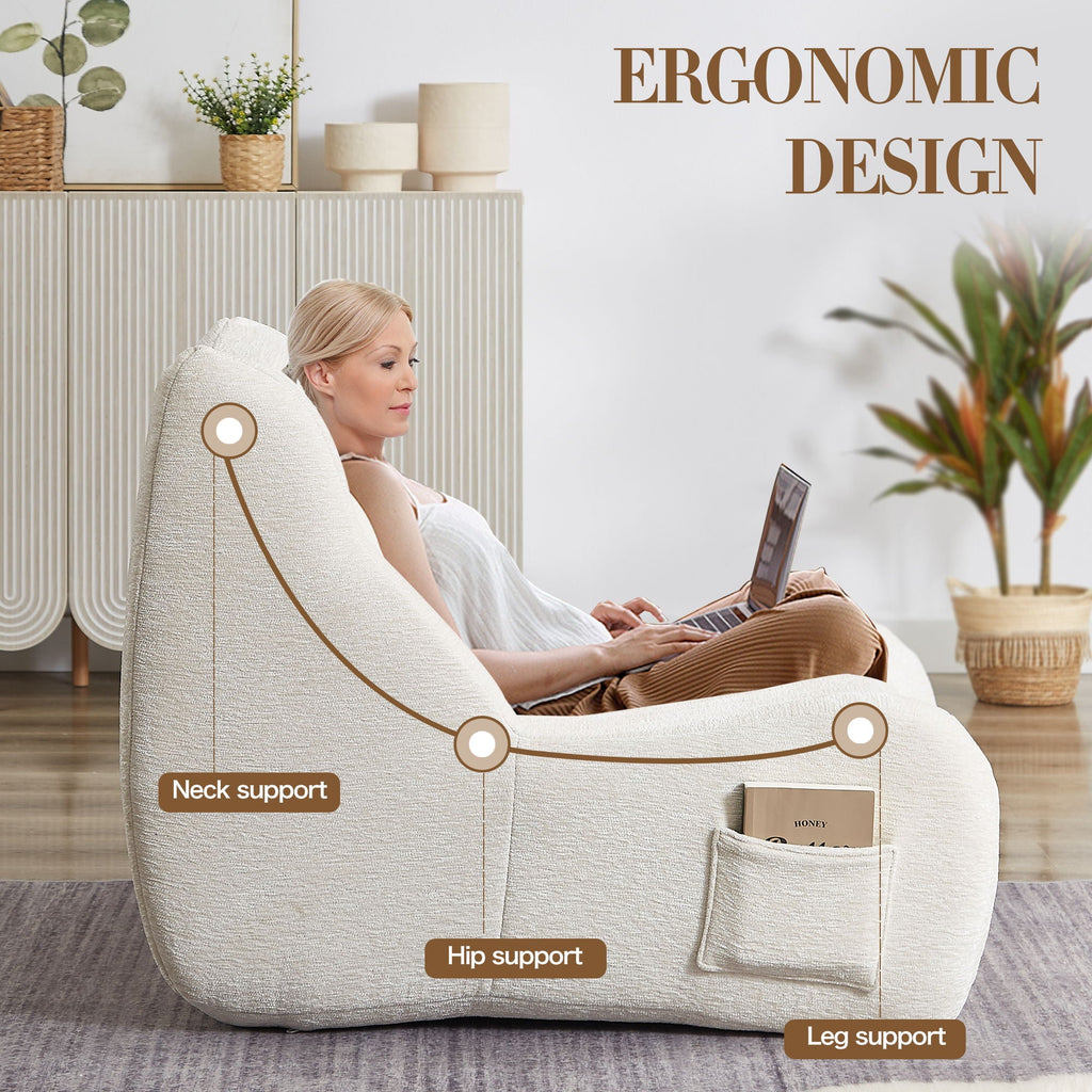 White Bean Bag Chair for Adults with Memory Foam - Chenille Fabric