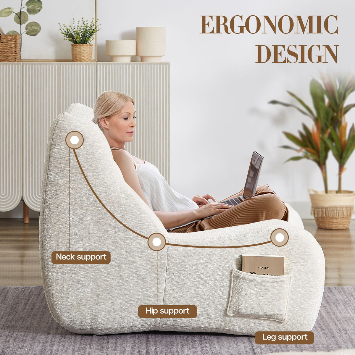 White Bean Bag Chair for Adults with Memory Foam - Chenille Fabric