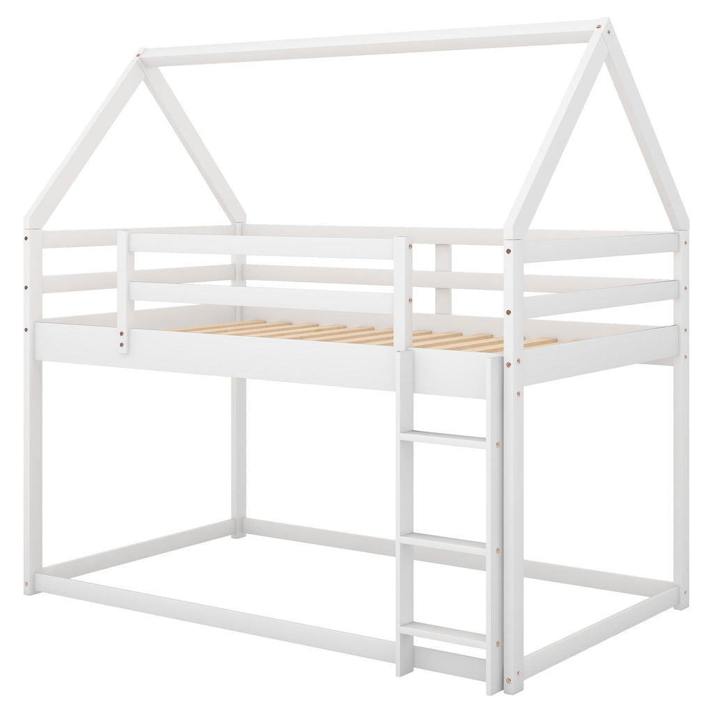 Low Bunk Bed With House Shaped Frame and Ladder - Twin Over Twin