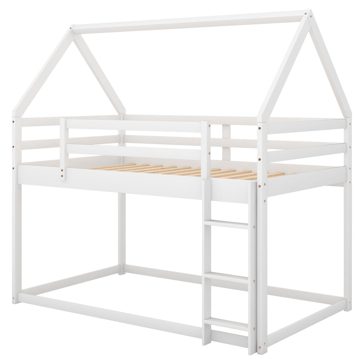 Low Bunk Bed With House Shaped Frame and Ladder - Twin Over Twin
