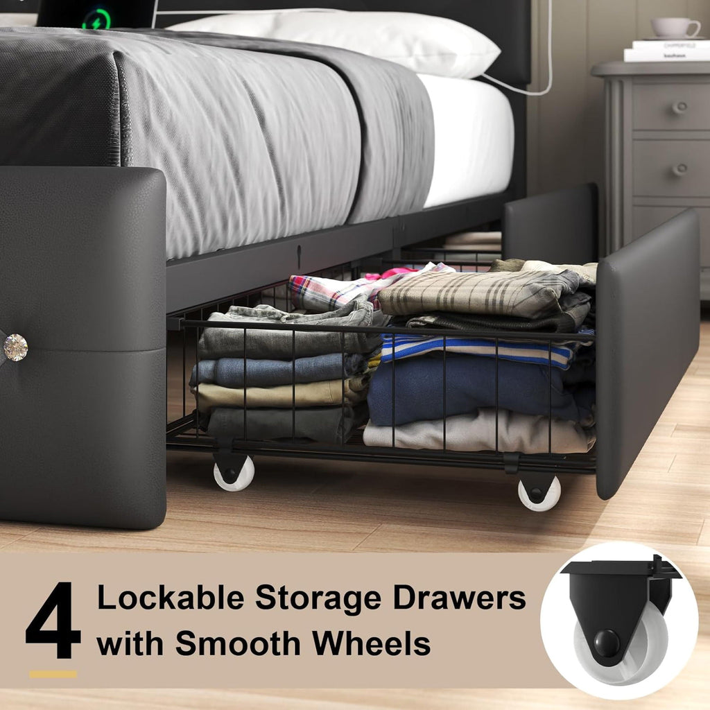 Upholstered Storage Bed Frame with LED Lights and Drawers – White or Black