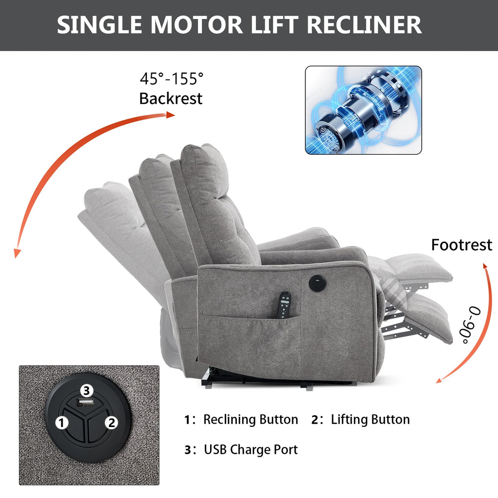 Chenille Lift Recliner Chair with Single Motor - Light Gray
