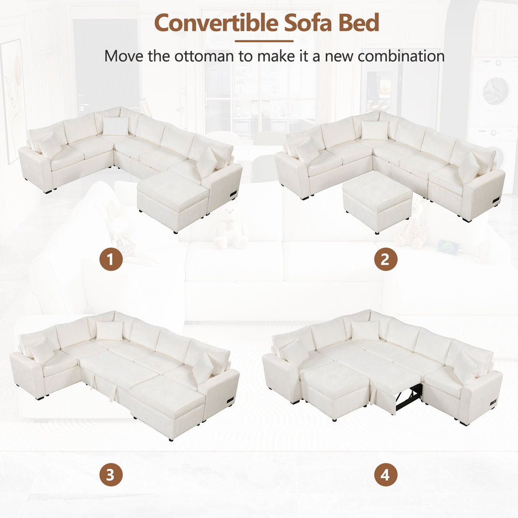 Sleeper Sectional Sofa with Storage Ottoman and USB Charging - White or Dark Gray