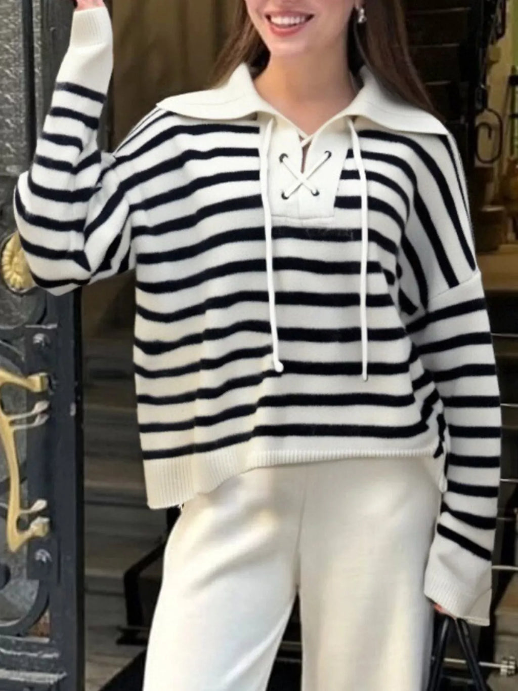 Striped Lace-Up Long Sleeve Sweater