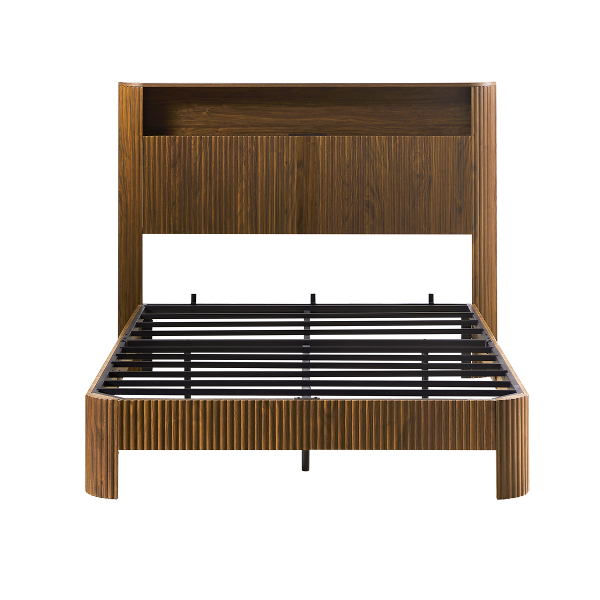 Full Extra Long Bed Frame with Storage Headboard and Built-in Charging Station - Walnut or Natural