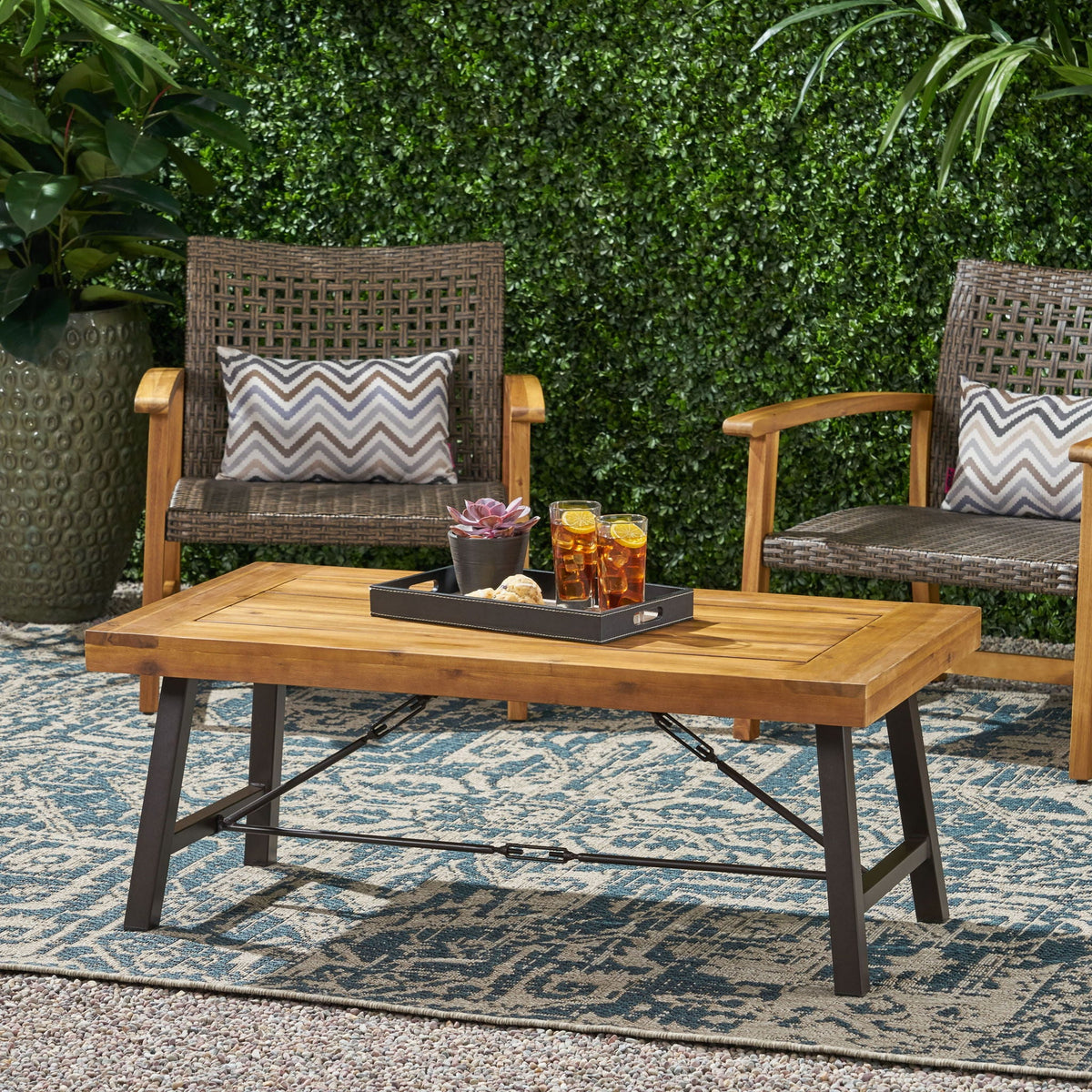 Teak Outdoor Coffee Table with Metal Frame - Natural Teak