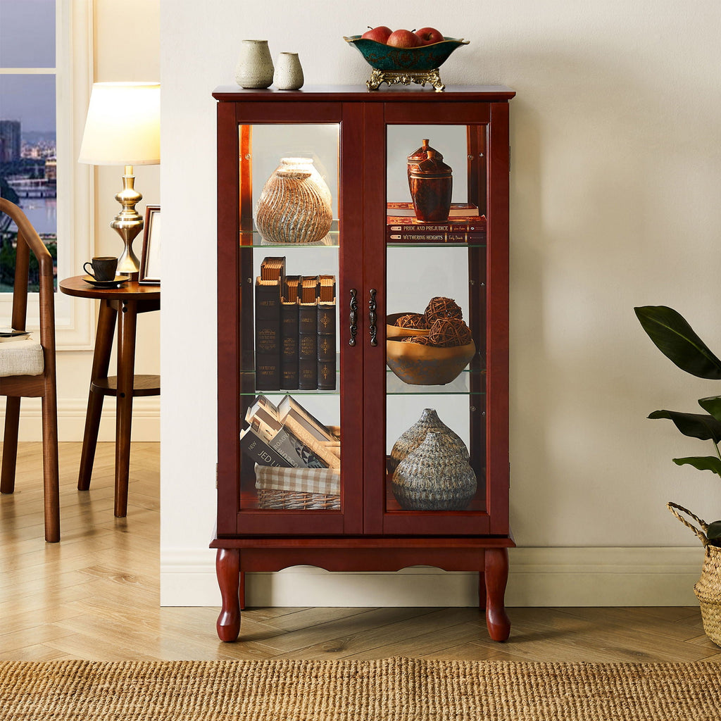 Lighted Curio Display Cabinet with Adjustable Shelves - Light Brown, Dark Brown, Dark Red