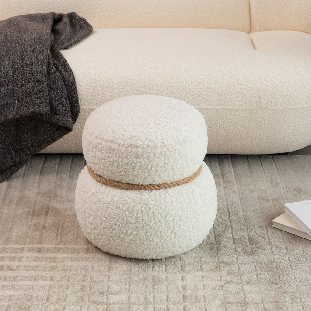 Snowman Stool Ottoman with Lamb Wool Cushion and Solid Wood Frame - White, Light Brown, Dark Green
