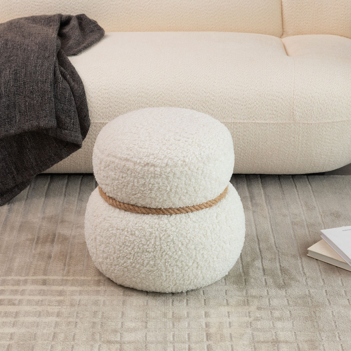 Snowman Stool Ottoman with Lamb Wool Cushion and Solid Wood Frame - White, Light Brown, Dark Green