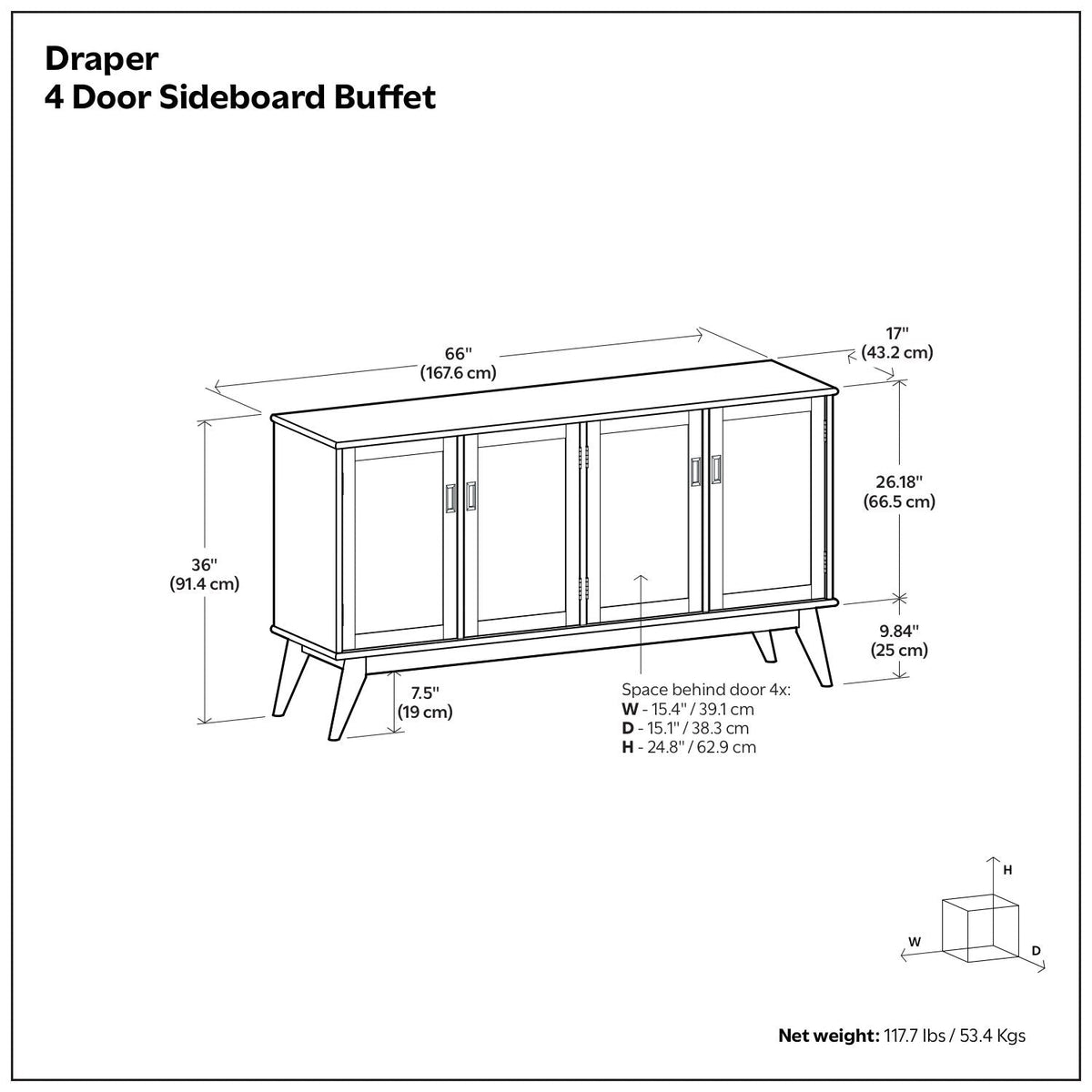 Brown 4 Door Sideboard Buffet with Ample Storage - 66 in Wide