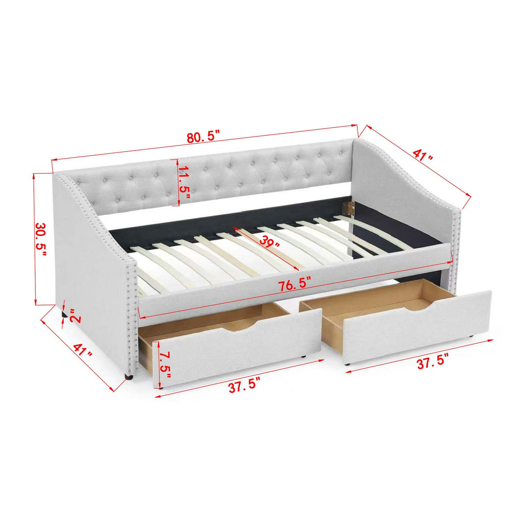 Upholstered Tufted Daybed with 2 Drawers and Waved Arms - Multiple Colors