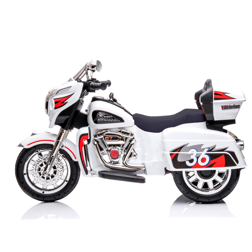 12V Kids Ride-On Motorcycle with LED Lights & Music - White or Black