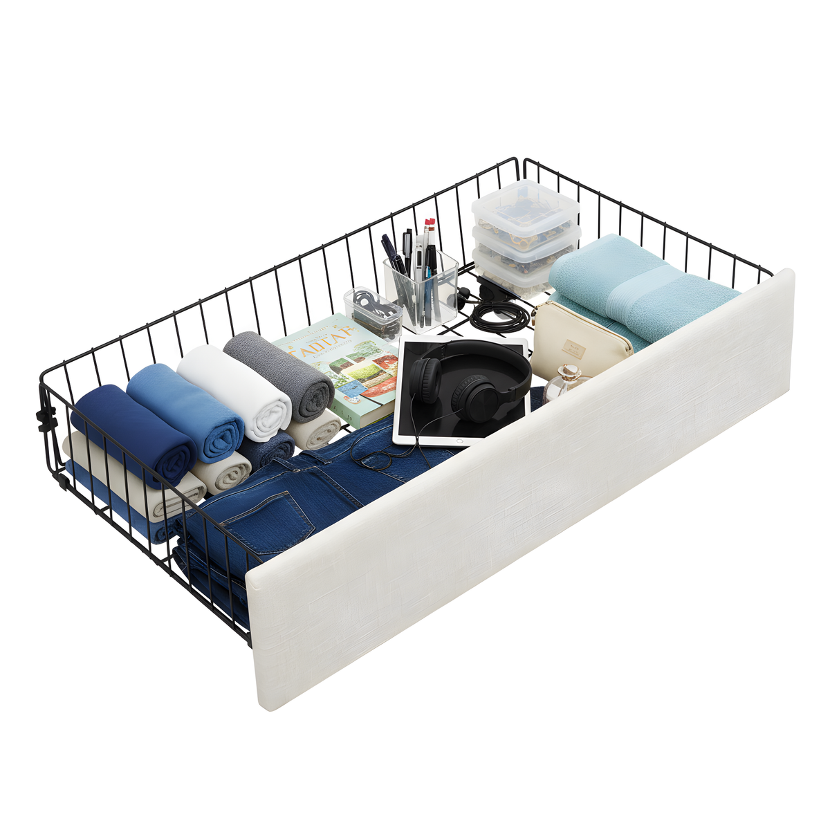 Large-Capacity Upholstered Storage Bed with Drawers - Light Beige
