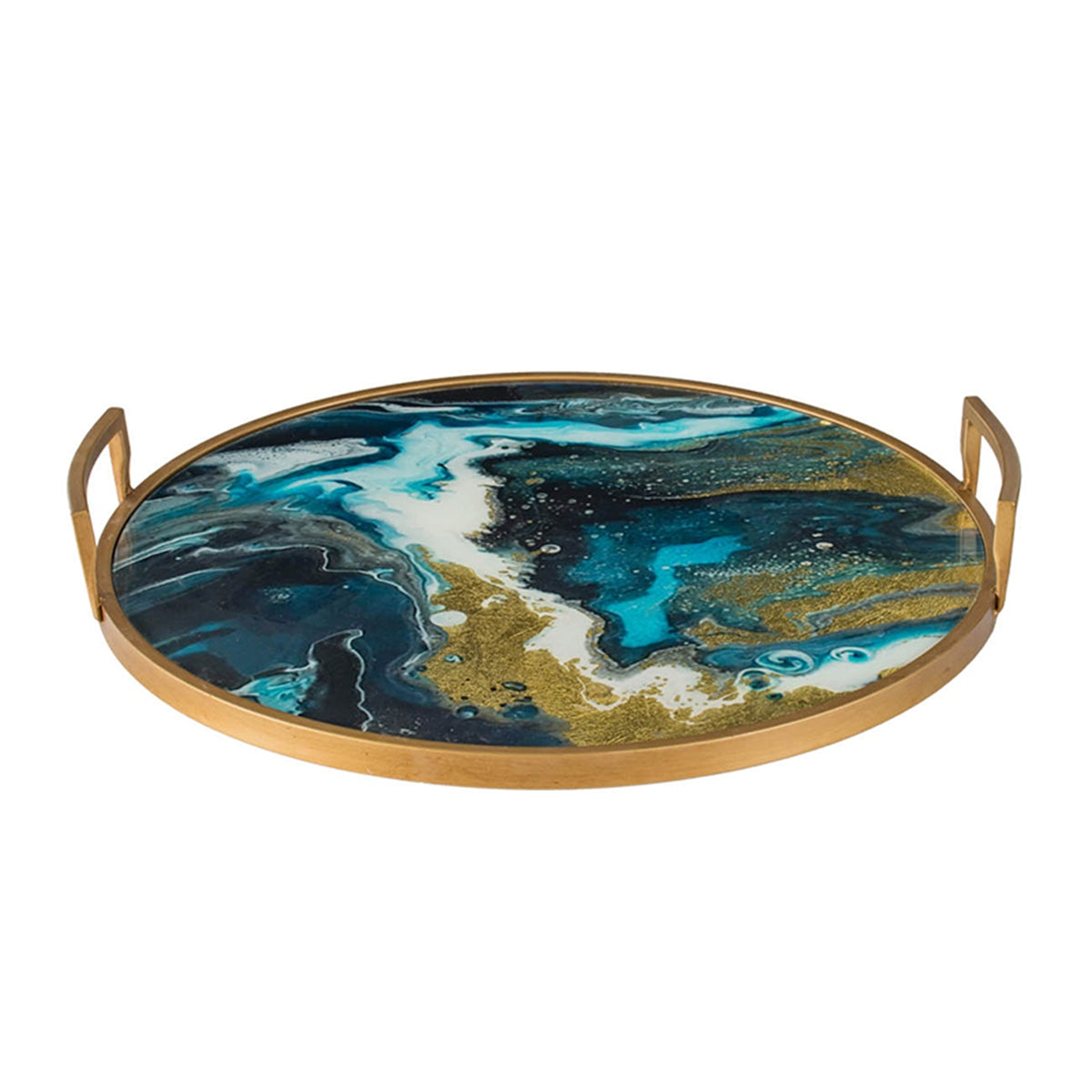 Round Accent Mirrored Tray with Handles - Blue & Gold