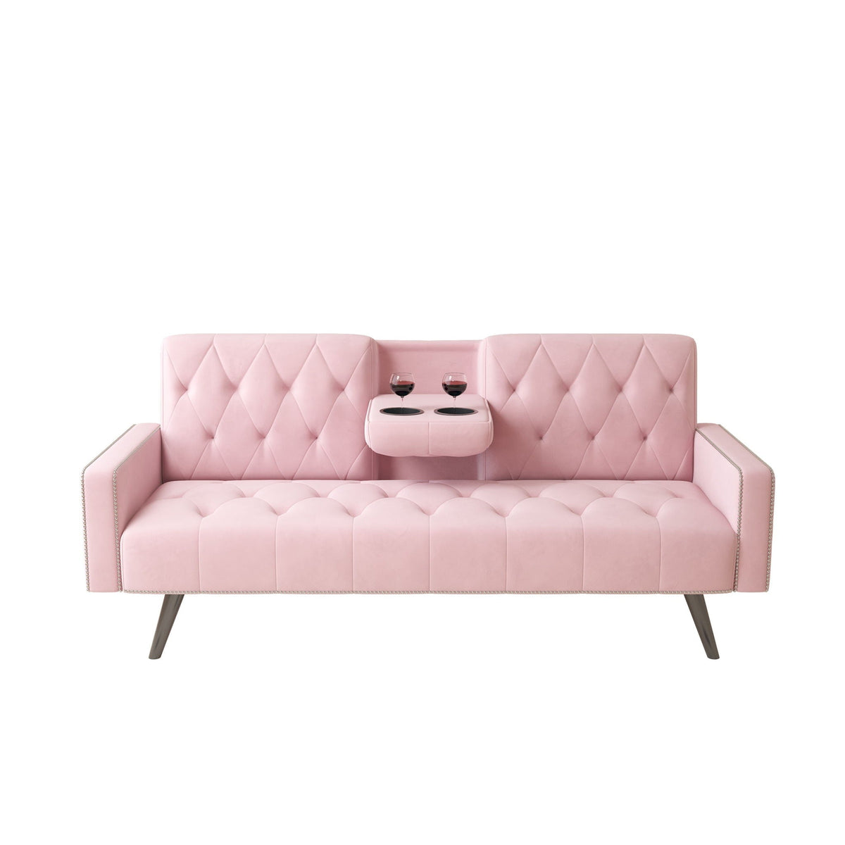 Sofa Bed with Nail Head Trim and Cup Holders - Pink