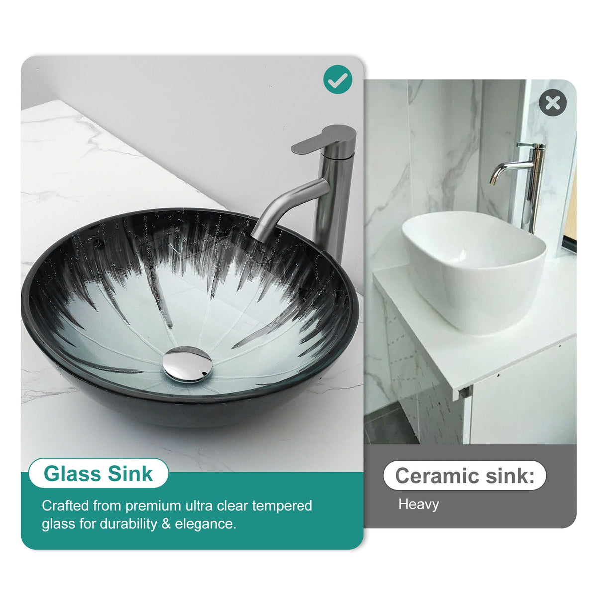 Gray Crackle Vessel Sink with Pop Up Drain – Tempered Glass Bathroom Basin