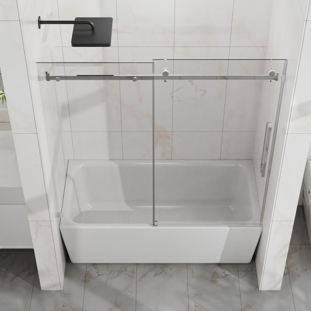 Frameless Tub Sliding Shower Door with Easy Clean Coating - Black or Pearl Silver
