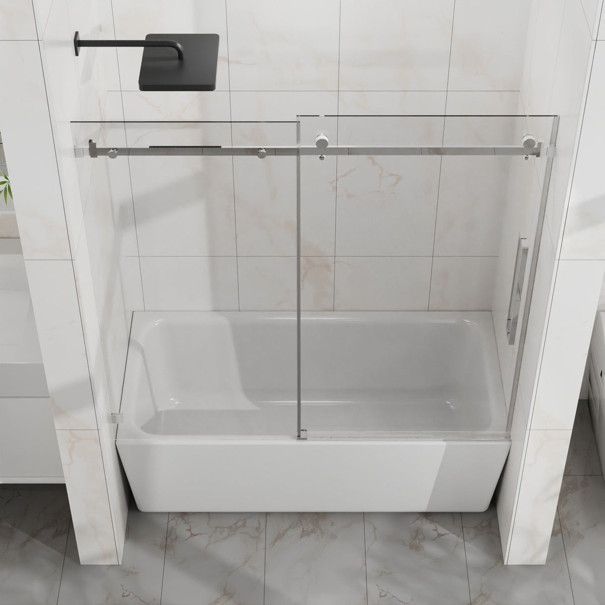 Frameless Tub Sliding Shower Door with Easy Clean Coating - Black or Pearl Silver