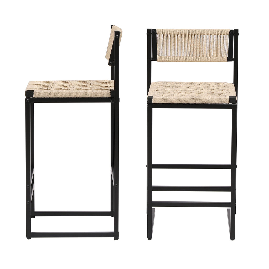 Creamy White Woven Bar Stools with Backrest - Paper Rope Seats