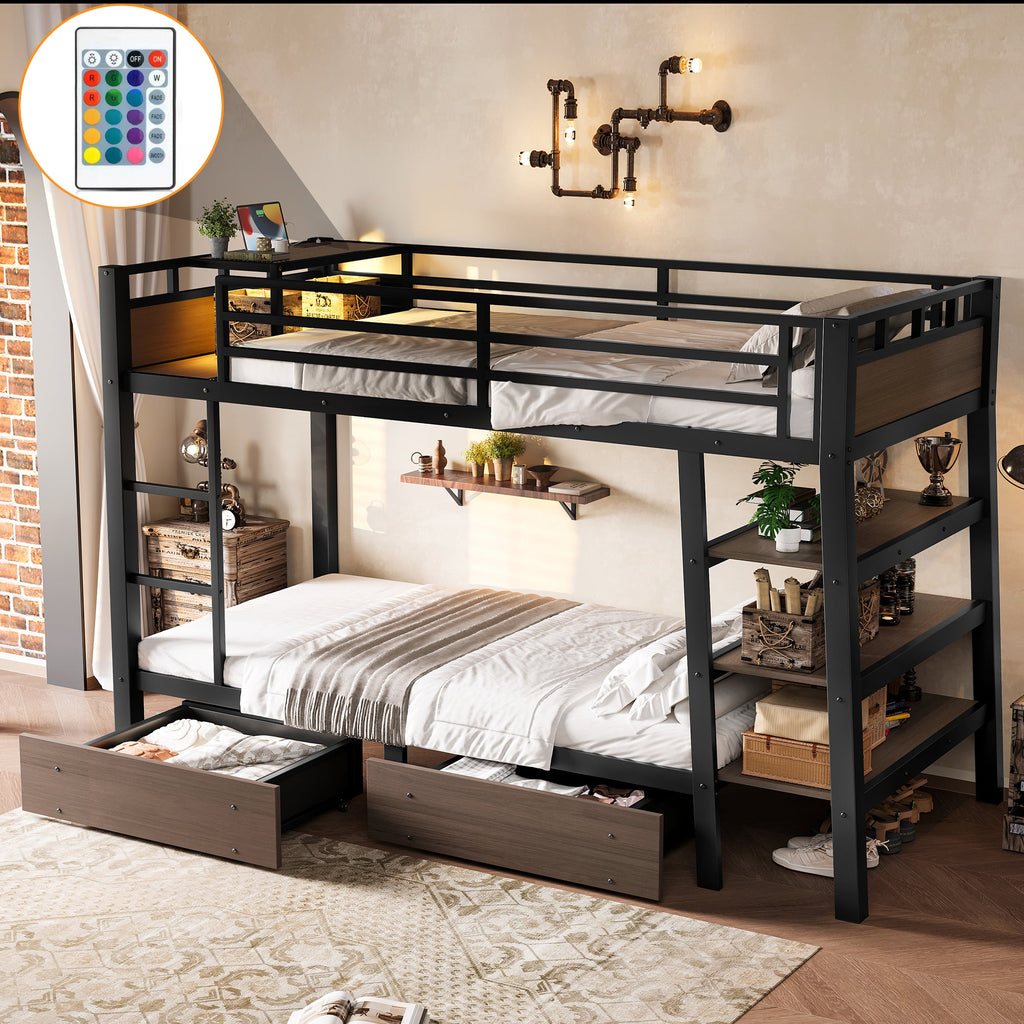 Twin Size Metal Bunk Bed with Storage Shelves and LED Light Strip - Black