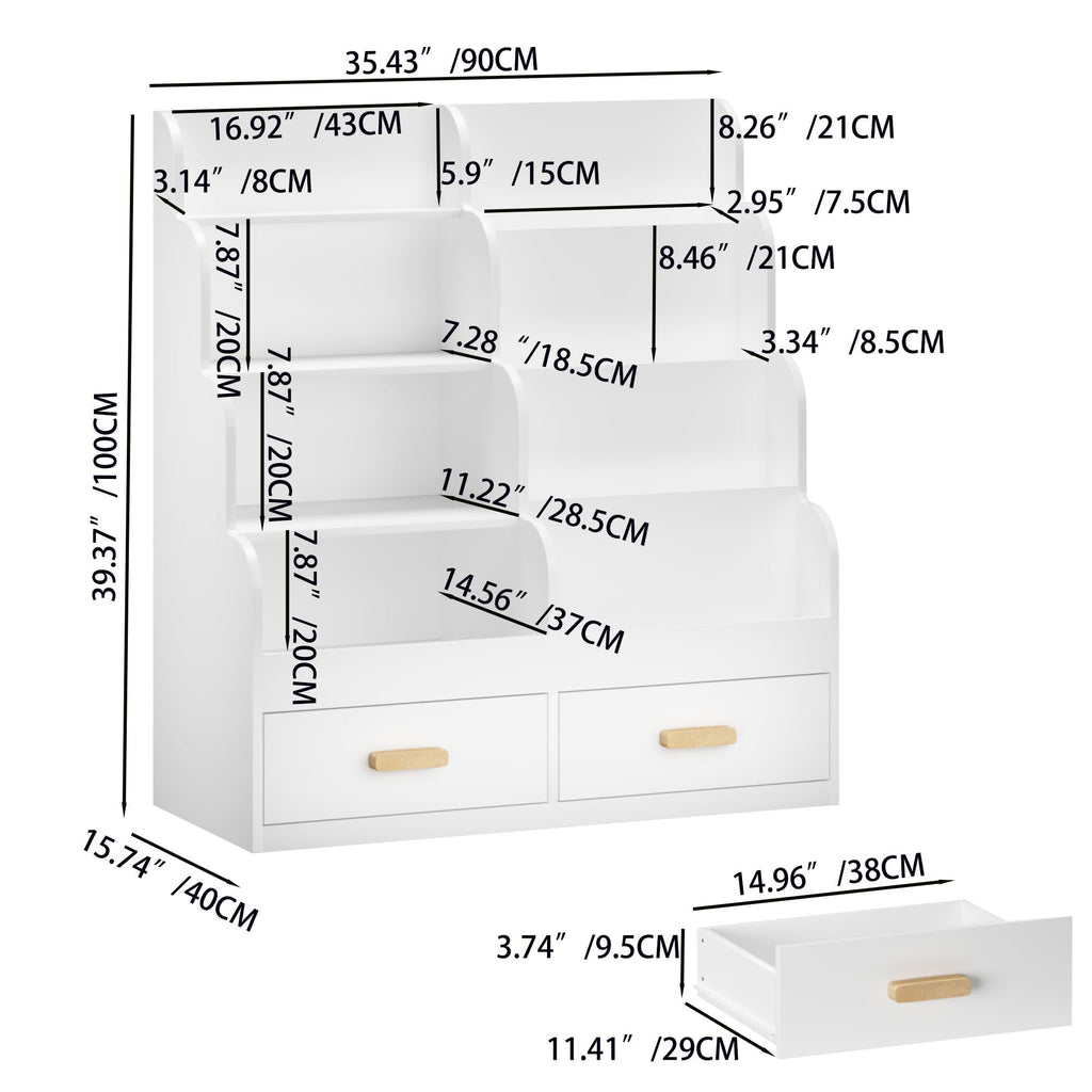 Bookshelf With 2 Storage Drawers, Front Facing Bookcase And Toy Organizer, Multi Tier Reading Shelf - White