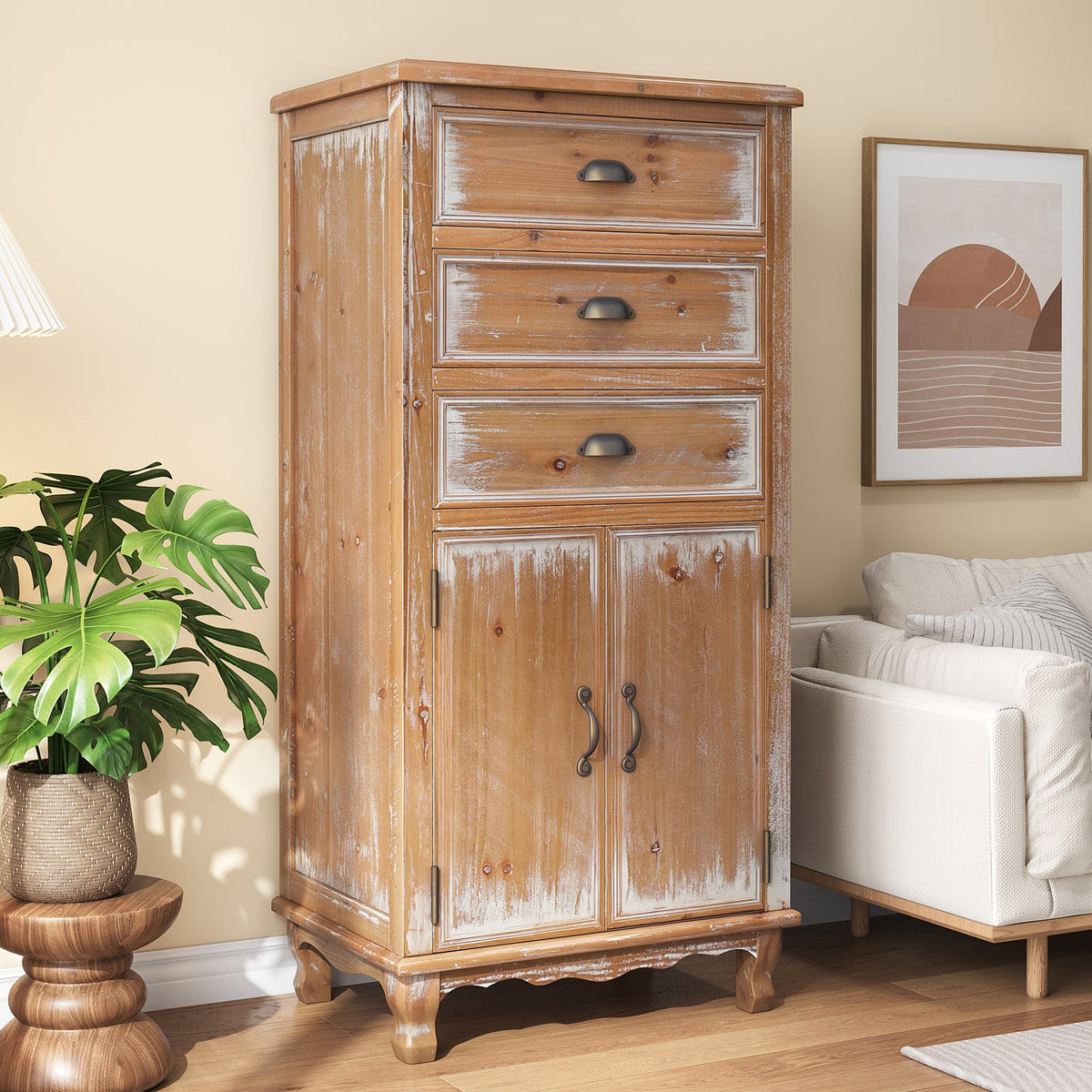 Rustic Wooden Storage Cabinet with Decorative Cutout Door & 3 Drawers - Distressed Wood