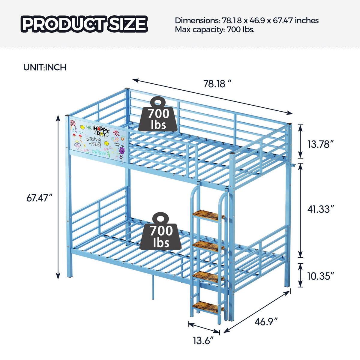 Blue Convertible Twin Bunk Bed with Guardrail and Ladder