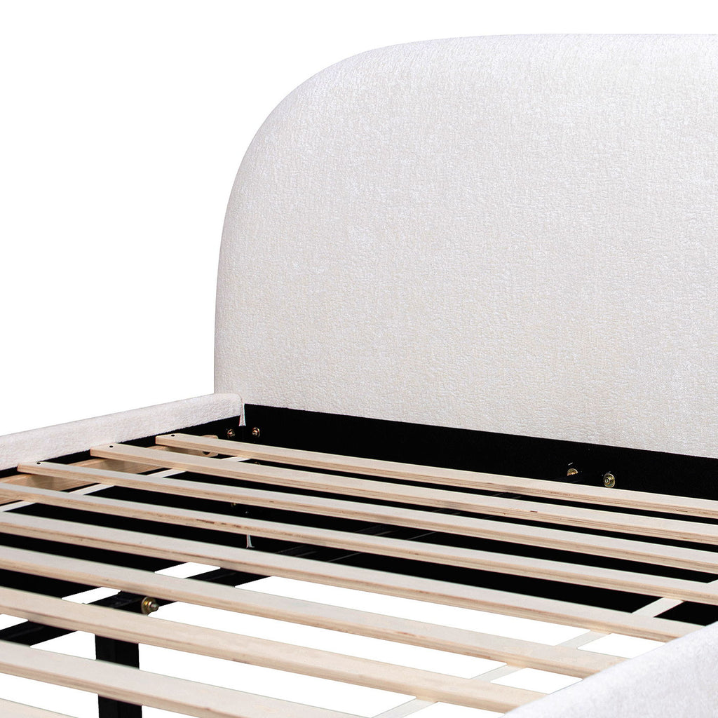Archie Puffy Grounded Upholstered Platform Bed with Rounded Headboard - Green, White, Beige